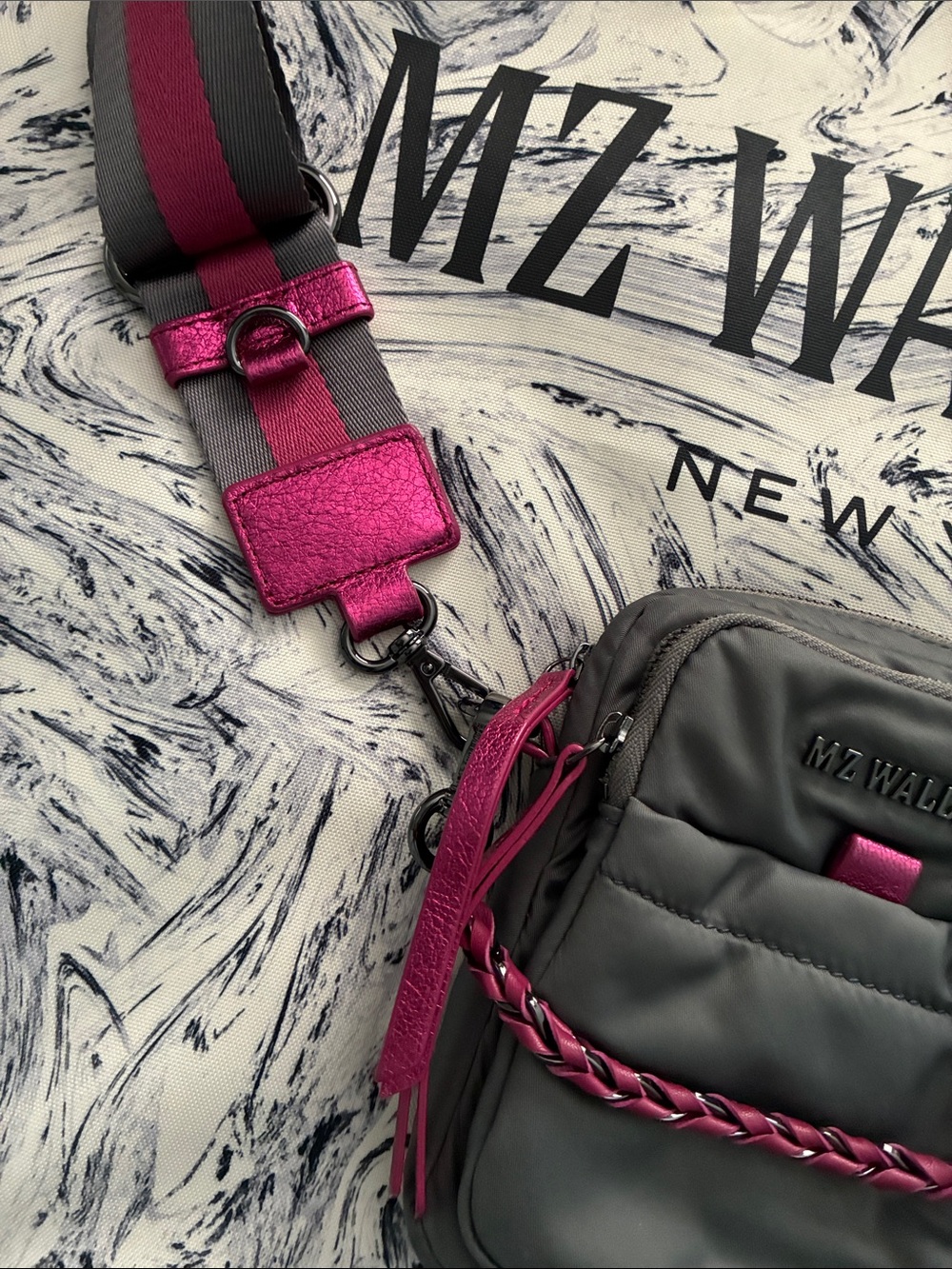 MZ Wallace Charcoal Crossbody with Fuchsia Strap Accents - Picture 4 of 12